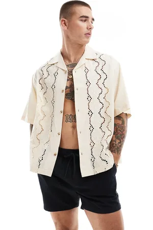 ASOS Short sleeve boxy oversized revere collar shirt with placement broderie in sand