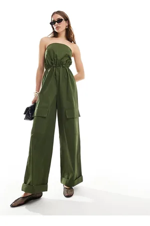 ASOS Bandeau paper bag waist utility jumpsuit in khaki