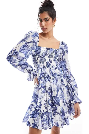 & OTHER STORIES Square neck ruche bodice mini dress with volume sleeve and tiered hem in blue floral print