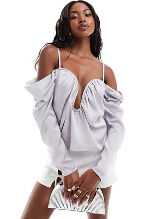 ASOS Long sleeve draped off shoulder satin top in