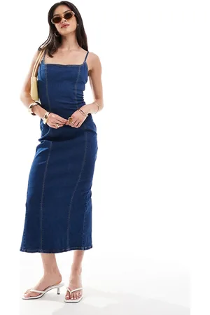 Bershka Strappy bodycon denim shaping maxi dress in