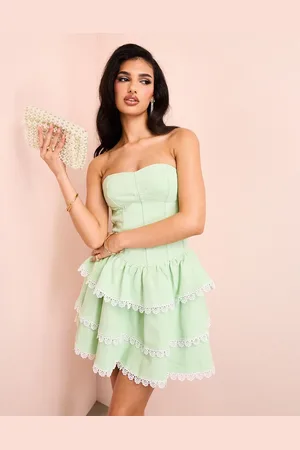 ASOS Denim bandeau tiered broderie mini skater dress in pastel green