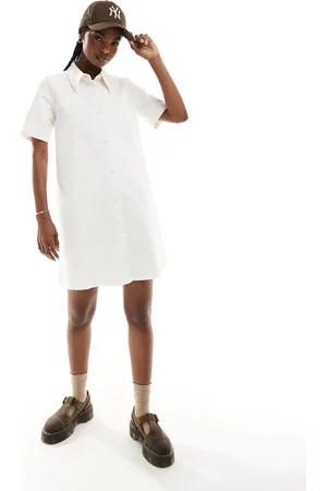 Monki Short sleeve button through collar mini shirt dress in