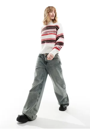 Monki Mock neck chunky knit sweater in off white with -coloured stripes