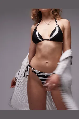 Topshop Printed bikini bottoms with tie side ring detailing in black and white