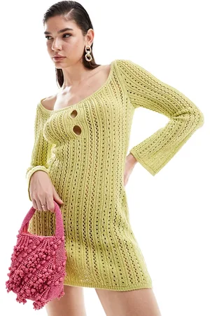 ASOS Knitted mini dress in stitch detail with cut out in lime