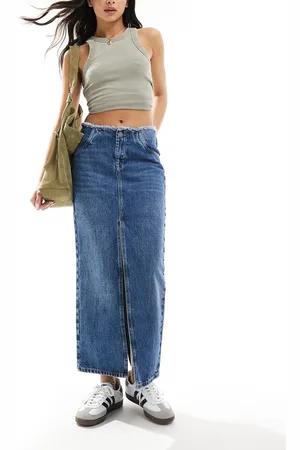 AllSaints Cyra double split denim maxi skirt in mid wash