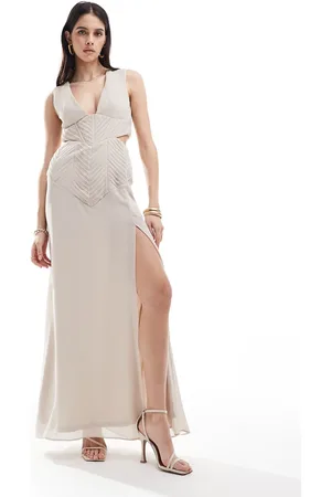TFNC Bridesmaids chiffon pleated maxi dress with split in ecru