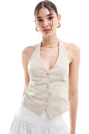 Stradivarius Open back halterneck pinstripe waistcoat in beige