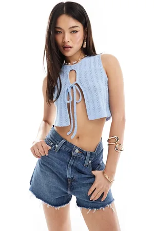 ASOS Crochet stitch tie front tank top in blue