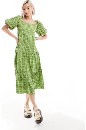 Monki Tiered midi sun dress with open back in pane check