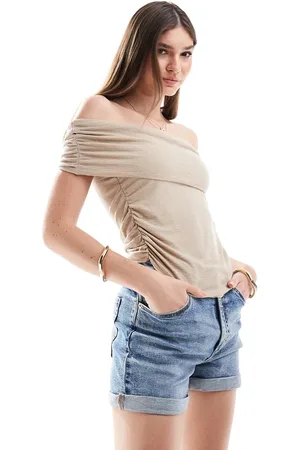 Stradivarius Sheer bardot top in beige