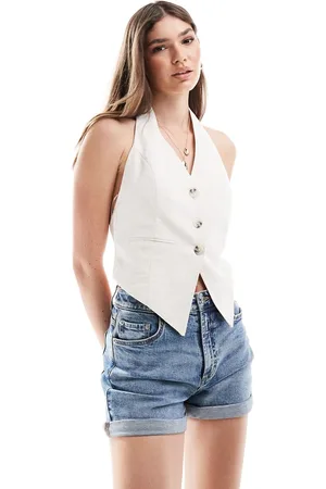 Stradivarius Linen look waistcoat with tie detail in stone