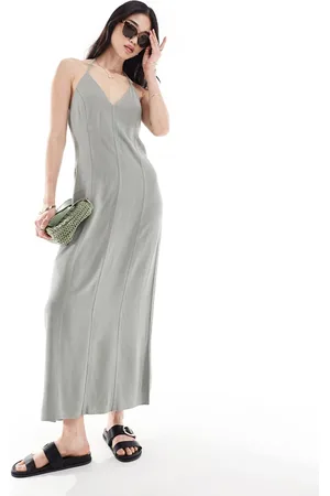 Stradivarius Linen look cami maxi dress in washed khaki