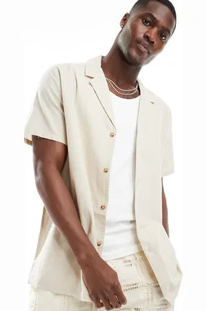 ASOS Relaxed deep revere linen shirt in stone