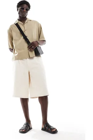 ASOS Boxy oversized linen blend shirt with revere collar in dark sand