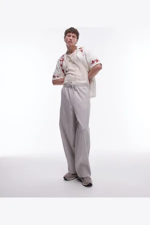 Topman Premium wide leg textured trousers in stone
