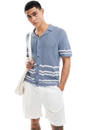 Abercrombie & Fitch Buttonthrough open stitch stripe knit polo in mid /white