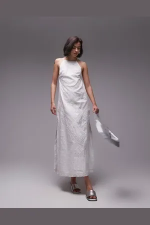 Topshop Premium halter lace and broderie midi dress in ivory