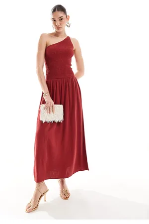 4th & Reckless Linen blend shirred one shoulder drop waist maxi dress in washed