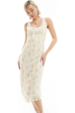 Daisy Street Vintage texture midi dress with cream lace trim