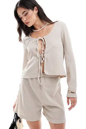 Pieces® Textured tie front top co-ord in stone