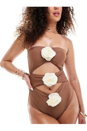 In The Style Exclusive bandeau cut out contrast corsage swimsuit in chocolate