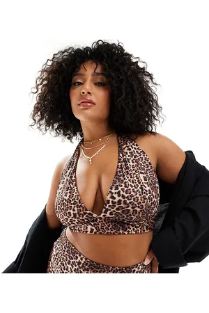 ASOS Curve Mindy high apex halter triangle bikini top in leopard