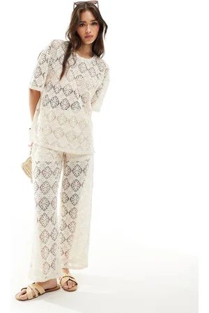 JDY Crochet wide leg trouser co-ord with short inscert in stone