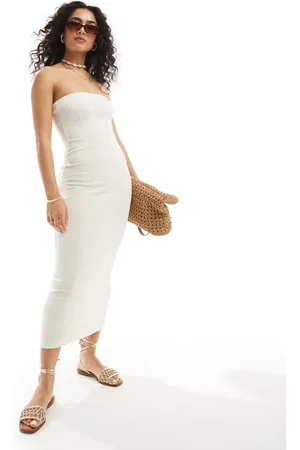 ASOS Ribbed bandeau midi dress in boucle cream
