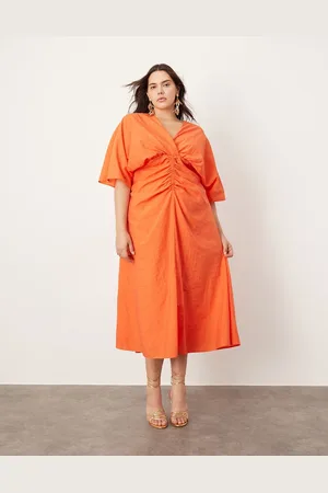 ASOS Curve textured wide sleeve midi dress with ruched waist in orange