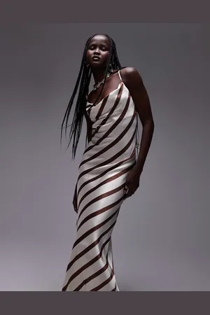 Topshop Cowl slip midi dress brown and ivory stripe