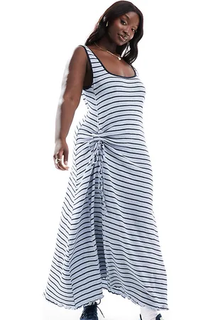 ASOS ASOS DESIGN Curve cami strap with ruched tie and side split midi dress in navy and black stripe