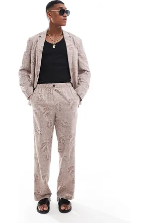 ASOS Pull on linen wide leg jacquard suit trouser in beige