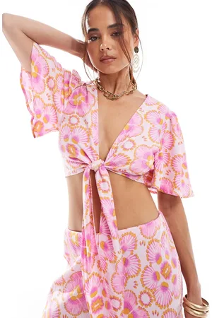 Y.A.S Y.A.S cropped tie front top co-ord in pink floral