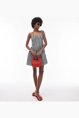 Topshop Strappy pleated mini sundress in mono stripe