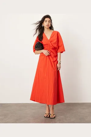 ASOS Textured wide sleeve midi dress with ruched waist in