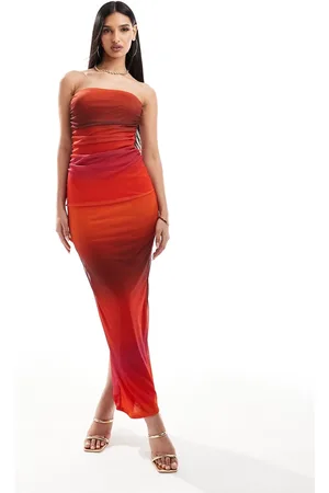 Missyempire Exclusive bandeau mesh ruched maxi dress in orange ombre