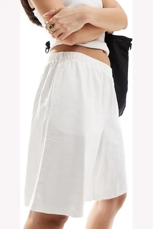 Weekday Evine linen blend longer length shorts with raw hem in beige