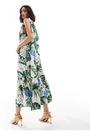 & OTHER STORIES Tiered hem maxi dress with gathered tie neck detail and keyhole back in floral leaf print
