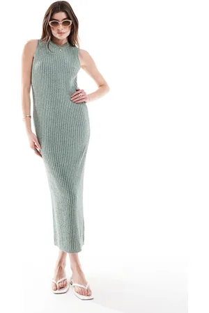 ASOS Knitted midaxi column dress in textured boucle yarn in khaki