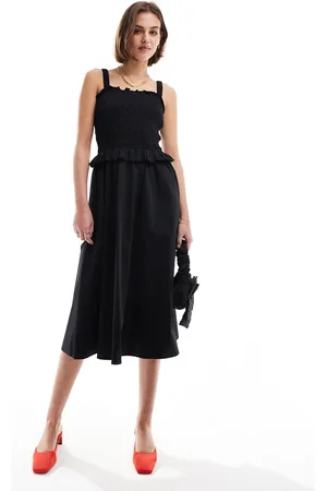 & OTHER STORIES Mixed fabric midi dress with ruched square neck bodice and full hem in black