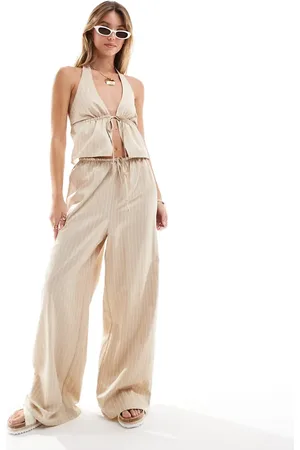 Miss Selfridge Poplin relaxed wide leg trouser in beige pinstripe co ord