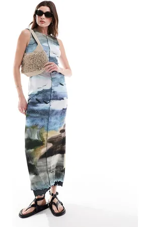 ASOS Built up mesh maxi dress with lettuce edging in landscape print