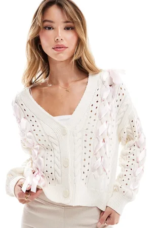 Miss Selfridge Knitted cardigan with satin bows in oatmeal