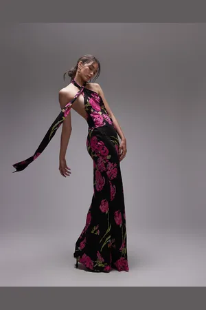 Topshop Jacquard tie neck halter in black rose and spot