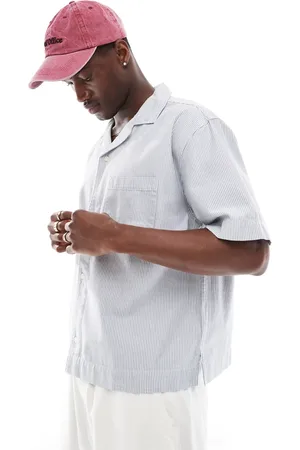 Abercrombie & Fitch Short sleeve workwear railroad stripe twill shirt in