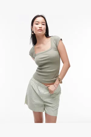 Topshop Square neck rib cap sleeve in khaki