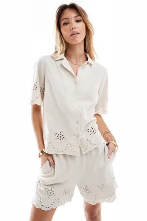 Pieces® Broderie shirt co-ord in cream