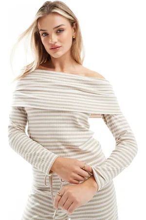 Pieces® Ribbed jersey bandeau top co-ord in beige stripe